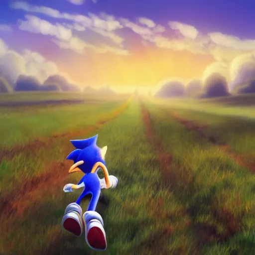 Prompt: sonic the hedgehog running through a field, matte painting, artstation, 4 k