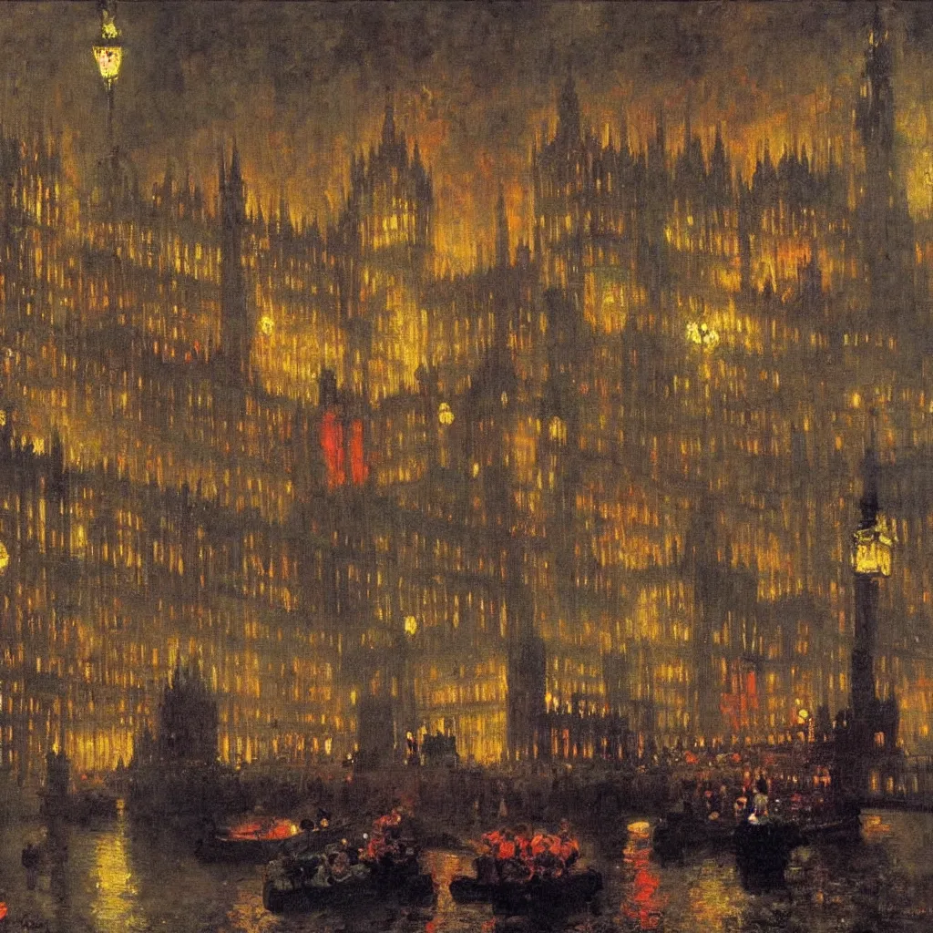 Prompt: the houses of parliament, menacing lighting, 1915, brightly colored highly detailed oil on canvas, by Ilya Repin