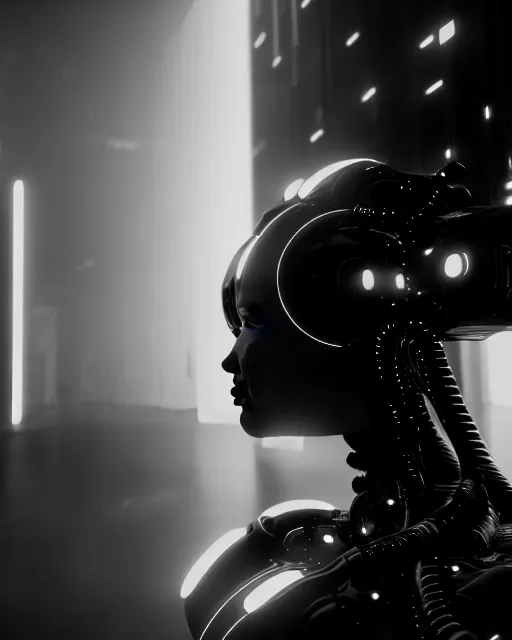 Prompt: black and white high quality photo of a beautiful female AI cyborg looking into a sci-fi mirror, volumetric lighting, liminal space, brutalism, foggy, dreamy, hyperdetailed, bokeh, photorealistic, cinematic, masterpiece, Metropolis, elegant, dark, octane render, 8K, in the style of H.R. Giger