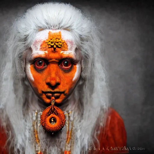 Image similar to realistic expired kodak film portrait of aghori tantrik albino india woman, tentacled creature mix, marigold celestial vibe, hyperrealism, hypermaxiymalism, photorealistic, detailed, atmospheric, 8 k, award winning photography, cinematic