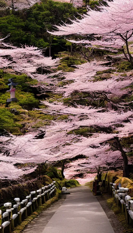 Image similar to a shinto shrine path atop a mountain,spring,cherry trees,beautiful,nature,distant shot,isometric