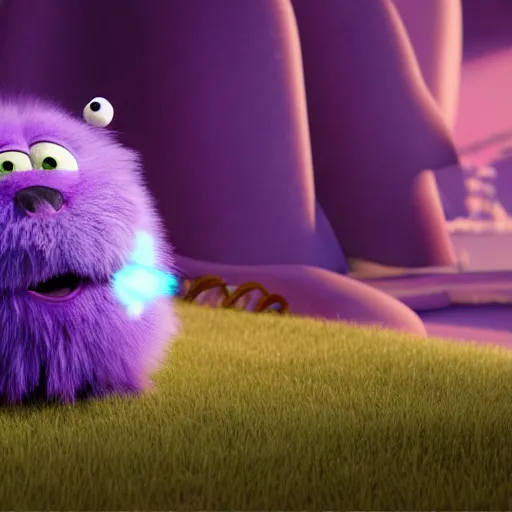 Image similar to a purple fluffy monster, adorable and cute, pixar, octane render, 4k, monster in middle of picture