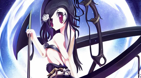 Image similar to Albedo Overlord laying down leaning against a scythe | Somber moon | wet Dungeon Chamber | Moonlit Night | strong blue rimlit | visual-key | anime illustration by Danmachi | highly detailed