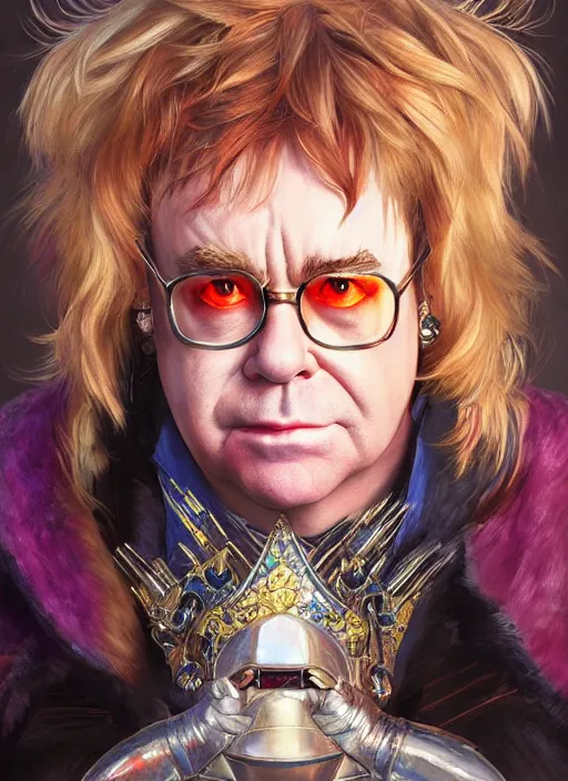 Image similar to Elton John, headshot, painted fantasy character portrait, D&D, highly detailed, digital painting, artstation, sharp focus, art by artgerm and greg rutkowski and alphonse mucha and magali villeneuve