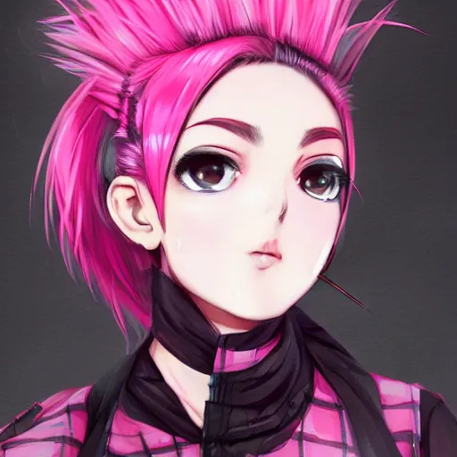 Image similar to full headshot portrait of anime woman with pink mohawk punk, digital art, drawn by WLOP, by Avetetsuya Studios, anime manga panel, trending on artstation, wearing a plaid shirt