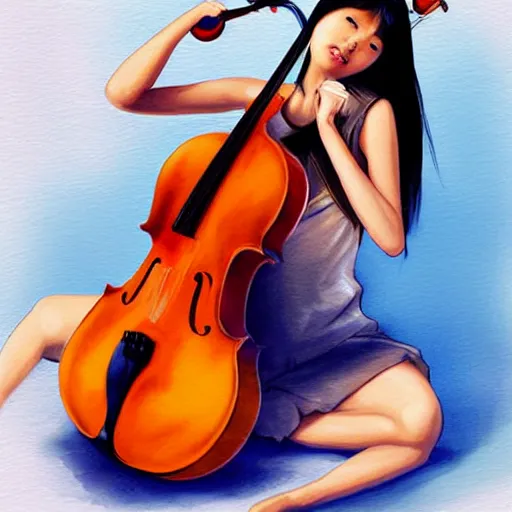 Prompt: a young asian girl in a white slip dress playing a cello in the sun by artgerm.