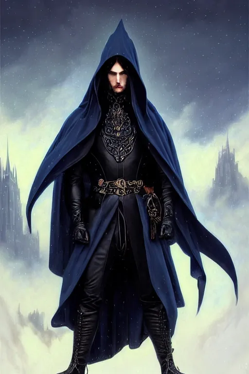 Prompt: handsome male fighting a giant, long black hair blue eyes wearing cloth mantle gothic navy cloak with leather details, cliffside town, fantasy character portrait, ultrarealistic, intricate details, elegant, cinematic lighting, highly detailed, artstation, cgsociety, sharp focus, beautiful digital painting by artgerm, gerald brom, wlop, alphonse mucha