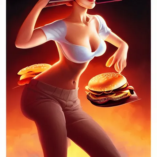 Prompt: beautiful Jennifer Lawrence eating a big mac hamburger, full body fantasy art icon, extreme detail, ethereal volumetric mystical lighting, dripping BBQ Sauce, serving burgers, art by Jesper Ejsing, by RHADS, Makoto Shinkai and Lois van baarle, ilya kuvshinov, rossdraws