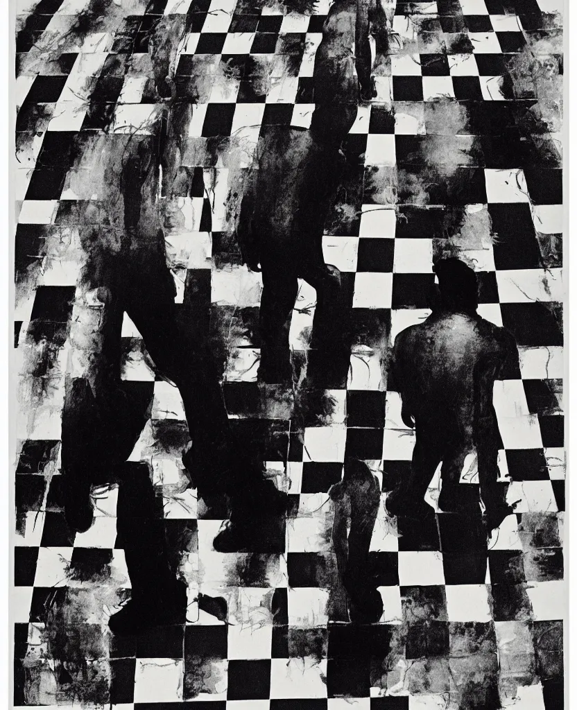 Image similar to a couple of people standing on top of a checkered floor, a poster by syd barrett, behance, neo - expressionism, black arts movement, poster art, indigo dye - transfer, artwork, 1 9 9 0 s