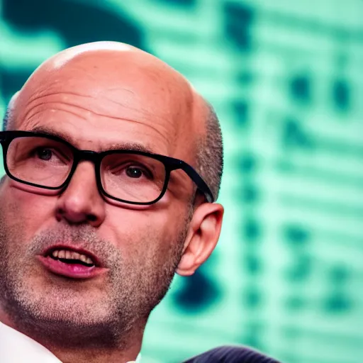 Prompt: close up photographic portrait of a bald, 6 0 year - old seo consultant with stubble and dark - rimmed glasses speaking on stage at a conference.