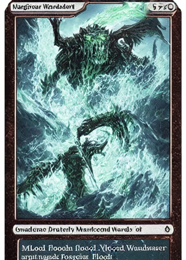 Image similar to flood warden. magic the gathering card. full mtg card