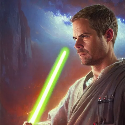 Image similar to Paul Walker as a jedi by Stanley Artgerm Lau, greg rutkowski, thomas kindkade, alphonse mucha, loish, norman Rockwel