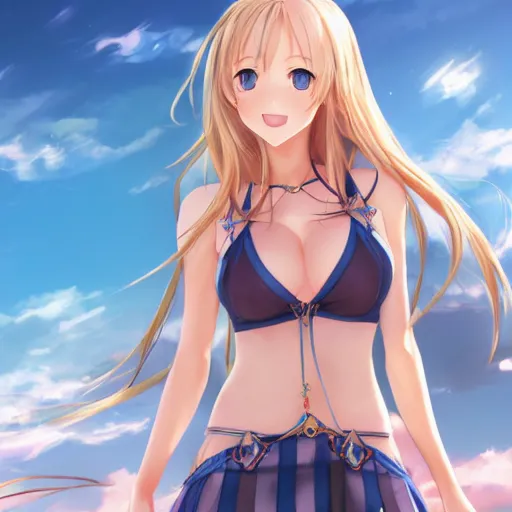 Image similar to a very beautiful mature yuuki asuna, full body, long wavy blond hair, sky blue eyes, full round face, bikini, miniskirt, front view, cute pose, highly detailed, cinematic wallpaper by stanley artgerm lau