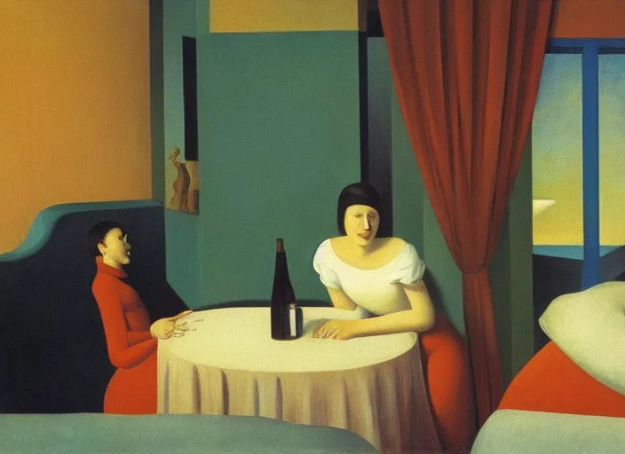 Image similar to two people in a surreal hotel room in afternoon light, open ceiling, oil painting by edward hopper, chirico and rene magritte