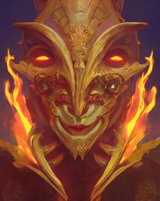 Image similar to happy mask salesman!! from zelda, full body photo, flames everywhere, highly detailed, digital painting, artstation, concept art, smooth, sharp focus, illustration, art by artgerm and greg rutkowski and alphonse mucha