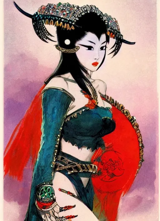 Image similar to female korean vampiress, jeweled headdress, heavy mascara, strong line, saturated color, beautiful! coherent! by frank frazetta, high contrast, minimalism