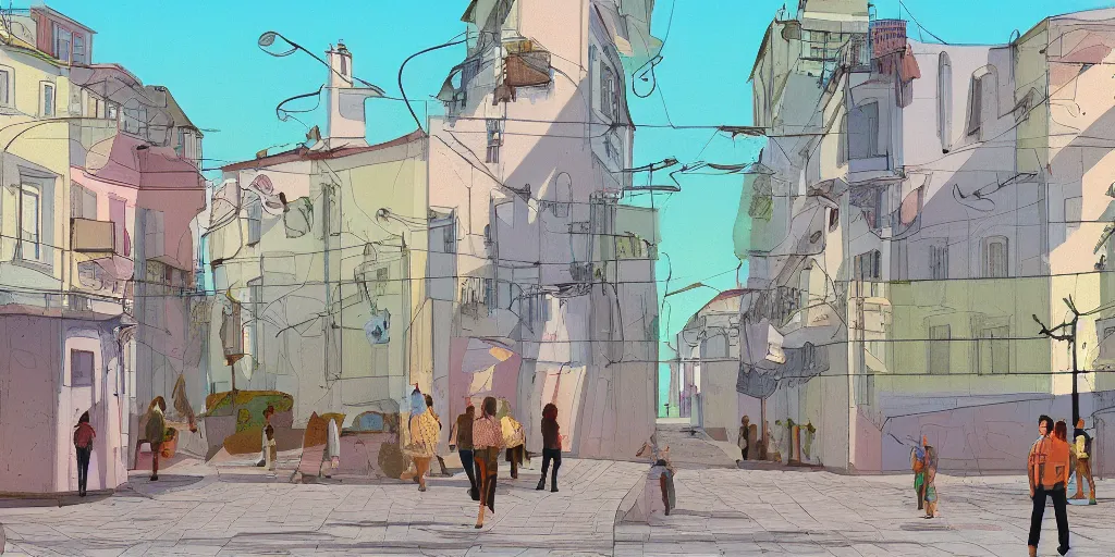 Image similar to back to the summer of the city of lisbon, concept art, pastel soft colors, in the style of danny mcbride, knyazev konstantin