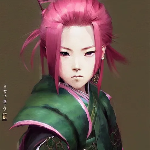 Prompt: painting by krenz cushart!!, full body of a samurai woman with pink hair and detailed green eyes, stern look, finely detailed features, intricate brush strokes, beautiful lighting, trending on pixiv fanbox.