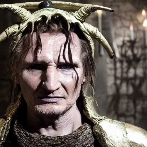 Prompt: medieval fantasy head and shoulders portrait from pan's labyrinth of liam neeson as a necromancer, photo by philip - daniel ducasse and yasuhiro wakabayashi and jody rogac and roger deakins