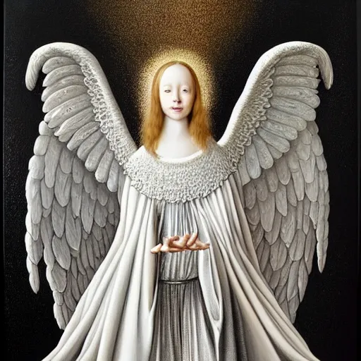 Image similar to highdetailed hyperrealistic painting of white angel!!! no gender smiling noface!!!, light instead of hands, white sparkles everywhere, 4 k hd face!!!, big silver high detailed wings!!!, renaissance, by jan van eyck, holography space, glow effect, large strokes, monochrome!!!!!