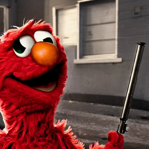 Image similar to Elmo in real life shooting up heroin in the back alley, gloomy and depressing, hyper realistic, 8k resolution, sharp focus