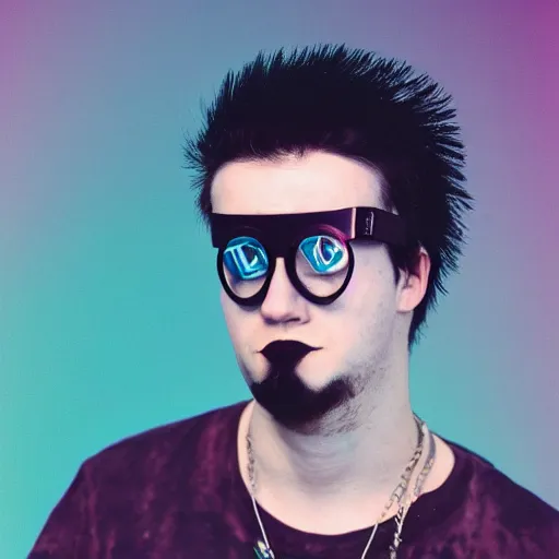 Image similar to kodak ektachrome e 1 0 0 photograph of a nerdy goth guy wearing goggles and eclectic jewelry, moody lighting, telephoto, 9 0 s vibe, blurred background, vaporwave colors, faded!,