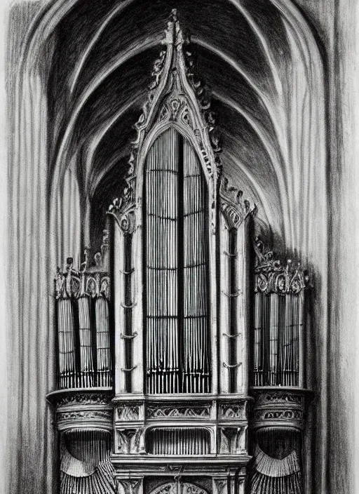 Image similar to pipe organ in a sunken cathedral, 1 9 th century charcoal and pencil drawing, high detail, high contrast