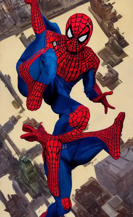 Image similar to Timothee Chalamet wearing redesigned spiderman suit, +++ super super super dynamic posing, j.c. leyendecker, Valentina Remenar, thick eyebrows, super serious facial expression, upscaled