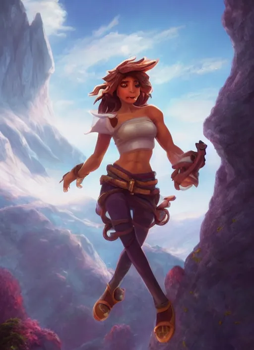 Prompt: taliyah, from league of legends, au naturel, with abs, athletic rock climber, hyper detailed, mountain background, digital art, trending in artstation, cinematic lighting, studio quality, smooth render, unreal engine 5 rendered, octane rendered, art style by klimt and nixeu and ian sprigger and wlop and krenz cushart