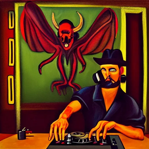 Image similar to painting of the devil as a dj with hand on record spinning