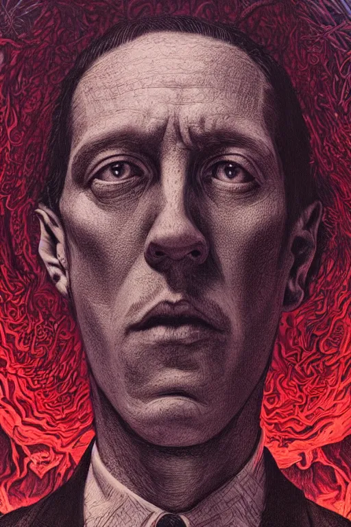 Image similar to h. p. lovecraft portrait, alex grey, patrick woodroffe, mark ryden created by gustave dore and greg rutkowski, high detailed, smooth draw, synthwave neon retro, intricate, realistic proportions, dramatic lighting, trending on artstation