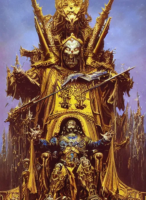 Prompt: omnious academic drawing of wh40k undead but still regal and kingly Emperor of Mankind sits on his enormous golden throne by James Gurney, Zdislaw Beksinski, Alex Gray, Greg Rutkowski, Robert McCall