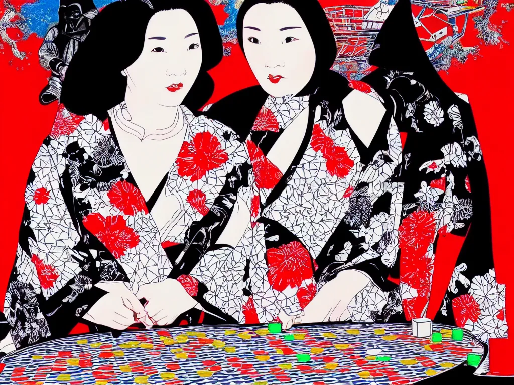 Image similar to hyperrealism composition of the detailed woman in a japanese kimono sitting at an extremely detailed poker table with darth vader, fireworks on the background, pop - art style, jacky tsai style, andy warhol style, acrylic on canvas