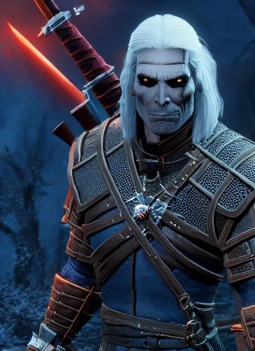 Image similar to movie still of skeletor as geralt in the witcher 3, gameplay, 8 k, hd