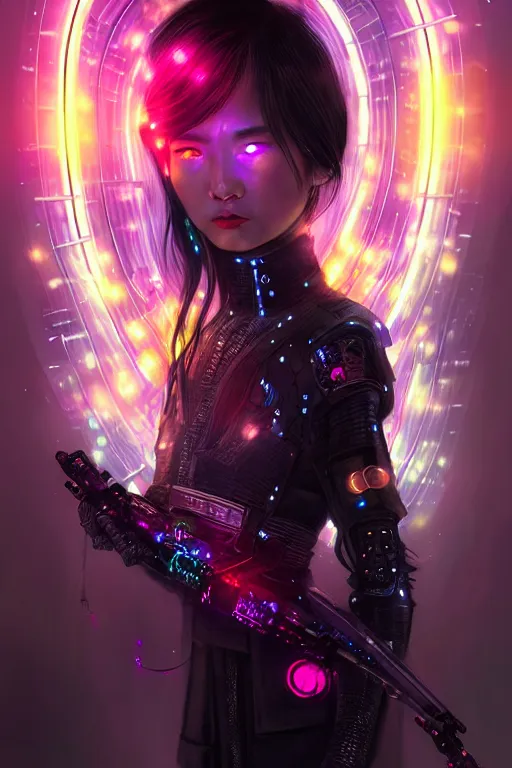 Image similar to portrait futuristic dreaming cyberpunk female samurai, in futuristic fire sparkles and firefly tokyo rooftop cyberpunk night, ssci-fi, fantasy, intricate, very very beautiful, elegant, neon light, highly detailed, digital painting, artstation, concept art, soft light, hdri, smooth, sharp focus, illustration, art by tian zi and craig mullins and WLOP and alphonse mucha