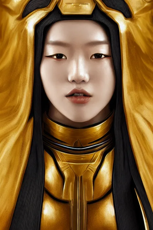 Image similar to Photorealistic illustration, 3/4 view of Korean fashion model in Star Wars sith black and gold robes, sci-fi, futuristic, intricate, elegant, highly detailed, digital painting, artstation, concept art, smooth, sharp focus, art by artgerm, greg rutkowski and alphonse mucha