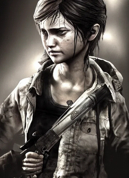 Image similar to full!! figure!! elle from last of us, hyperrealistic, by yoji shinkawa, fantasy art, photo realistic, dynamic lighting, artstation, poster, volumetric lighting, 4 k, award winning