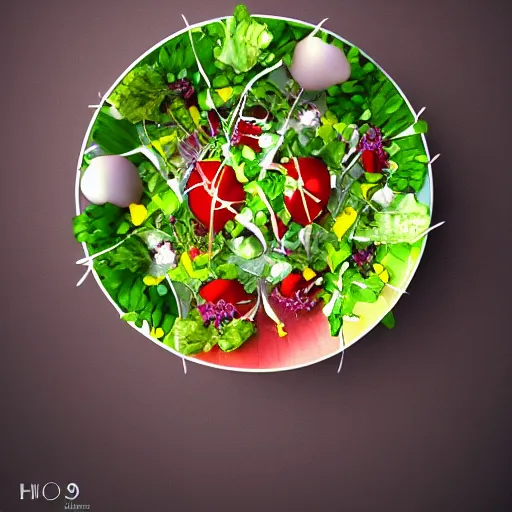 Image similar to Photorealistic super salad on a menu. Hyperdetailed photorealism, 108 megapixels, amazing depth, glowing rich colors, powerful imagery, 3D finalrender, 3d shading, cinematic lighting, artstation concept art