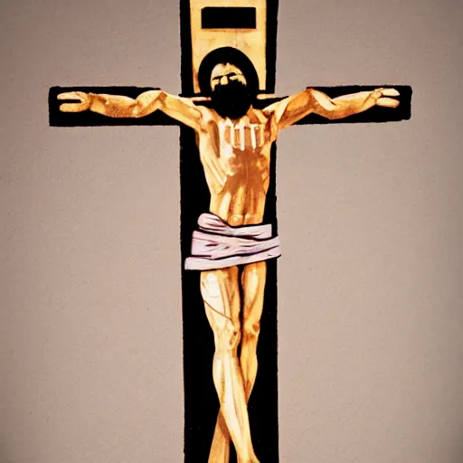 Image similar to jesus christ crucifixion, christian art, as a car from the movie pixar's cars 2,