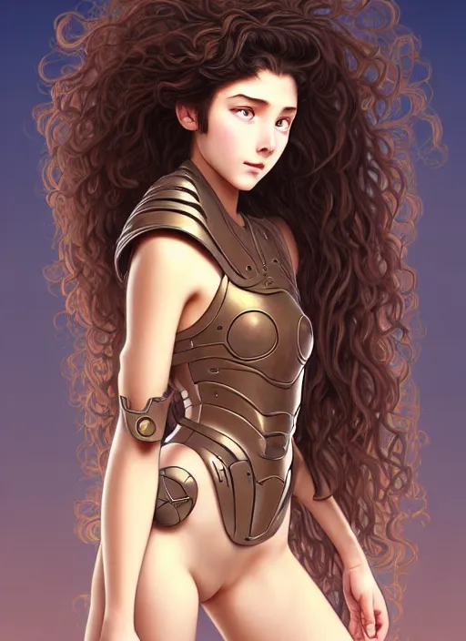 Image similar to young mysterious girl with long curly hazelnut hair, perfectly proportioned face, brown eyes, strong jawline, natural lighting, path traced, highly detailed, high quality, cartoon, digital painting, by new haicheng and studio ghibli and alphonse mucha wearing an alien armor designed by h. r. giger