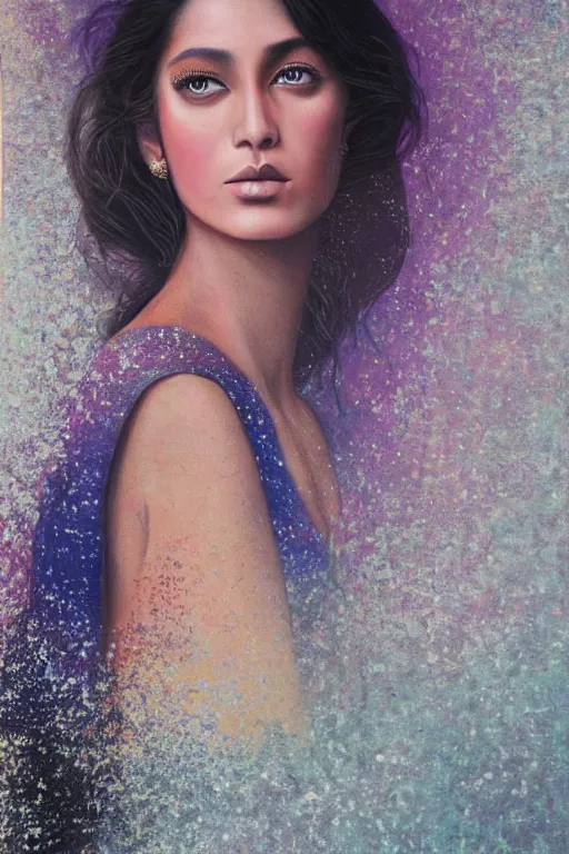 Image similar to hyperrealism oil painting, close - up portrait of european brunette indian fashion model, queen, steel gradient mixed with nebula sky, in style of baroque mixed with 7 0 s japan book art