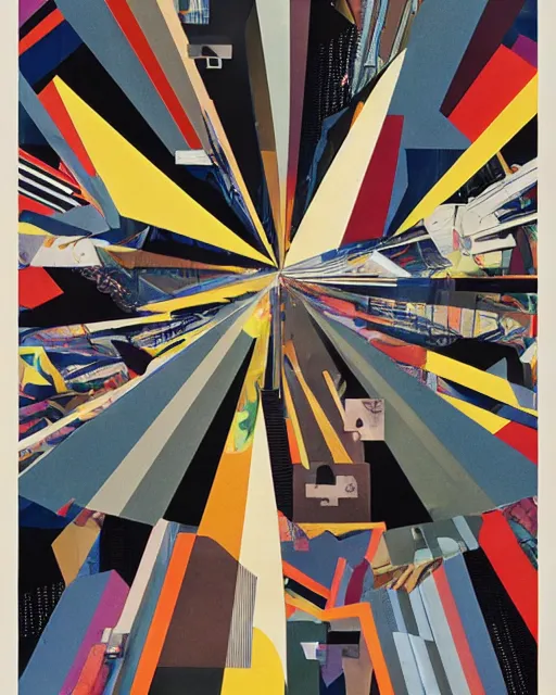 Prompt: A mid-century modern collage, made of random geometric segments cut from fashion magazines, science magazines, and textbooks, of 2001: A Space Odyssey film poster. 1968