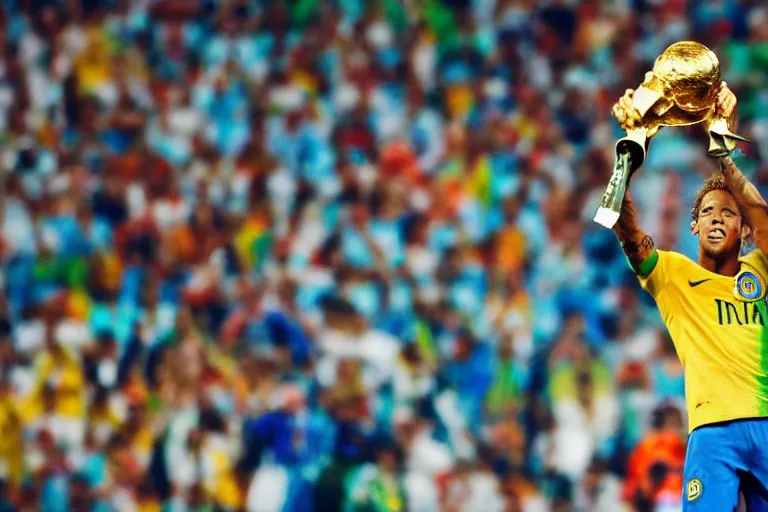 Image similar to neymar jr lifting the world cup, cinematic, dramatic, color grading, photojournalism, colorful, highly detailed