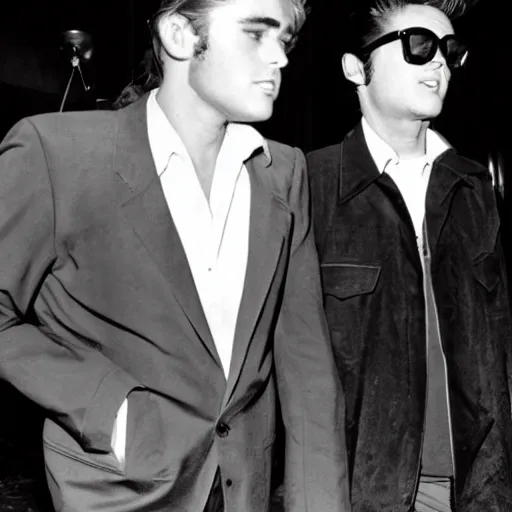 Prompt: james dean and elvis presley leaving a hotel together