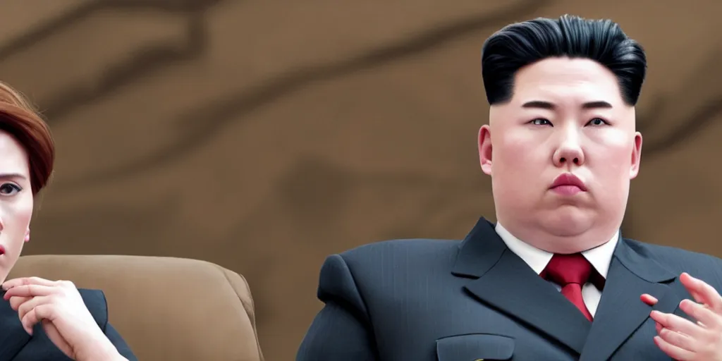 Image similar to Scarlett Johansson as Kim Jong-un in 'Kim' (2022), movie still frame, oscar nominated cinematography, volumetric lighting, 8k resolution, beautiful composition