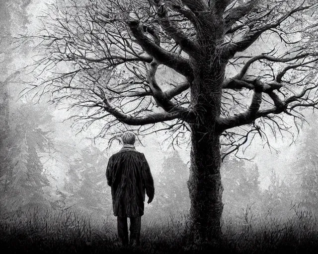 Image similar to an old man sees a great grey owl in a maple tree in front of him, concept art, realistic modern supernatural horror thriller aesthetic, hd 4 k 8 k digital photography render, inspired by steve prescott and michael whelan and dave mckean. layout in the style of christopher mckenna and gregory crewdson