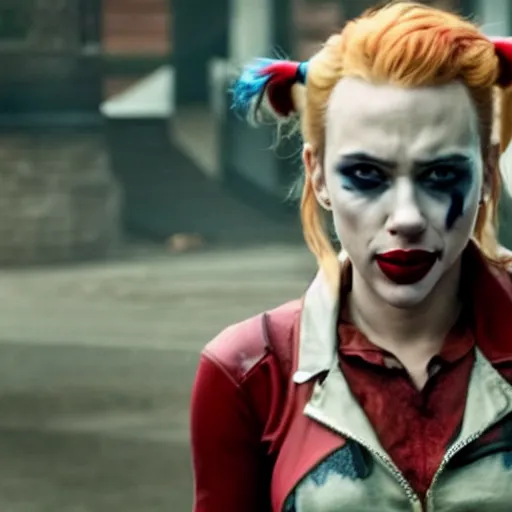 Image similar to film still of Scarlett Johansson as Harley Quinn in the new Joker movie