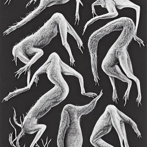 Image similar to by roa abstract illusionism. a beautiful photograph of a group of creatures that looks like a mix of different animals. most of the creatures have human - like features, such as arms & legs, & some are standing upright while others are crawling or flying.