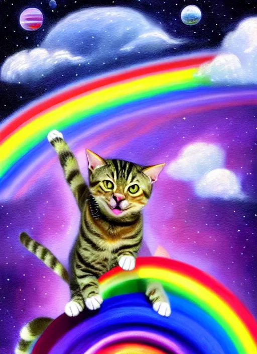 Image similar to a chubby tabby cat surfing on a rainbow in outer space, diffuse lighting, fantasy, intricate, surrealism!!!!, highly detailed, lifelike, photorealistic, digital painting, artstation, illustration, concept art, smooth, sharp focus,