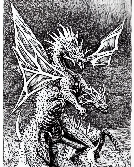 Image similar to blue eyes white dragon as a d & d monster, pen - and - ink illustration, etching, by russ nicholson, david a trampier, larry elmore, 1 9 8 1, hq scan, intricate details, high contrast